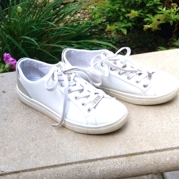 Guess Leather White and Silver Sneakers Size 8.5 - Picture 1 of 8